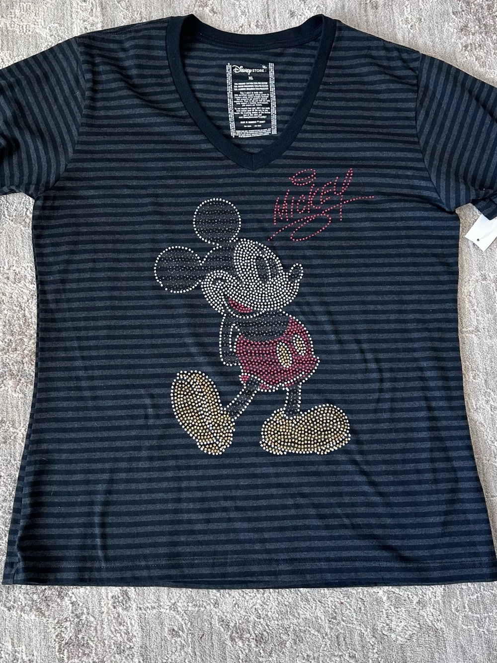 NWT Disney Store Mickey Mouse Glitter V neck T Shirt Organic Cotton Blend Sz L